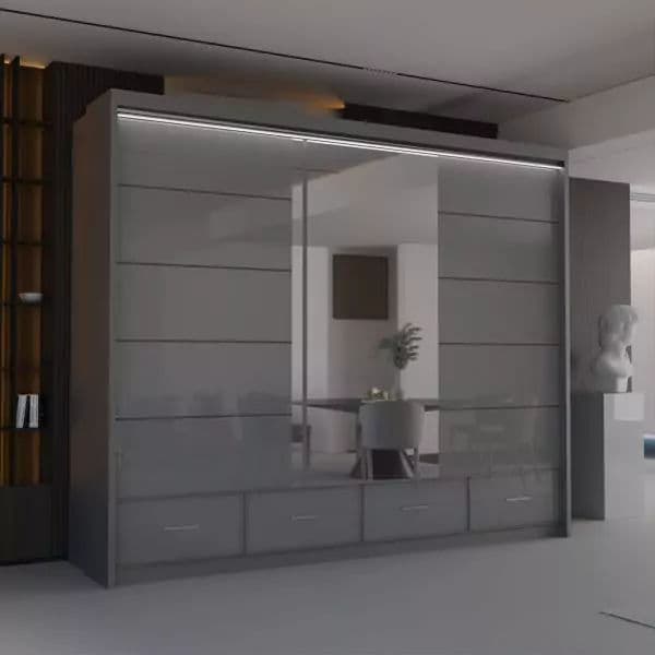 GREY HIGH GLOSS SYCYLIA WARDROBE 150-208-255CM