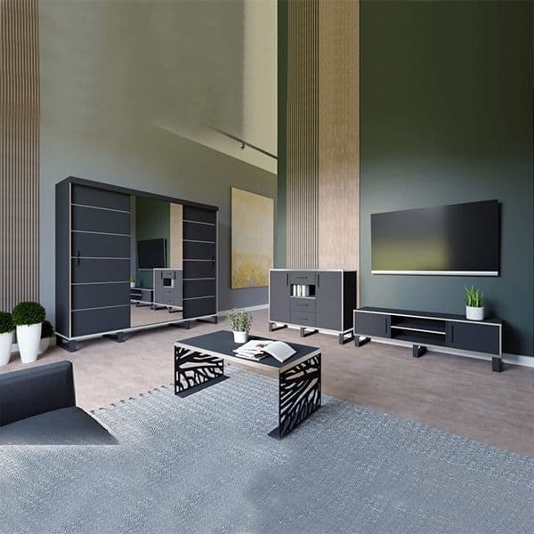 Silver Bedroom Set with Wall unit