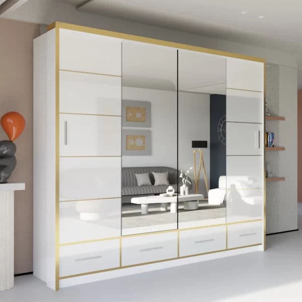 SYDNEY HIGH GLOSS WHITE/GOLD WARDROBE 203cm/253cm