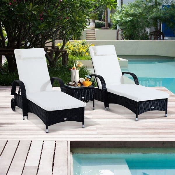 3-Piece Waterproof Rattan Reclining Sun Lounger & Table Set