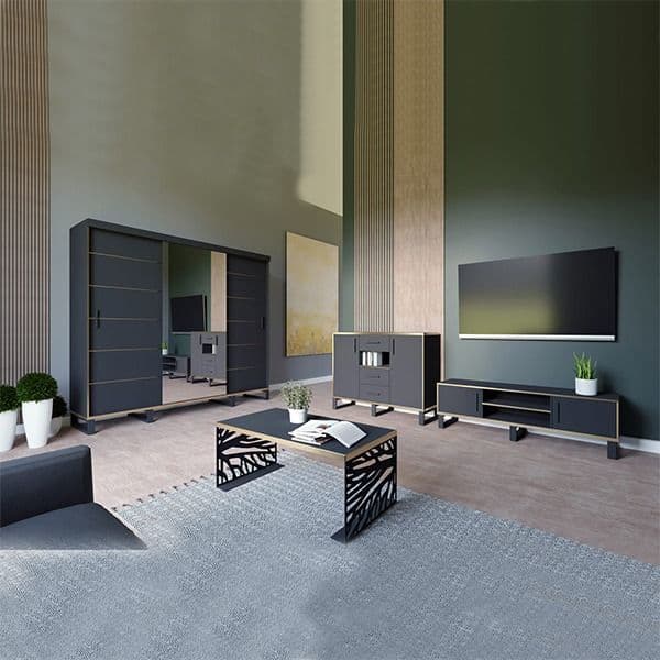 Golden Bedroom Set with Wall unit