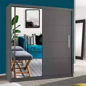 MN Furniture High Gloss & Mirror Sliding Doors Wardrobe with Long Led Light and Bottom Draw Grey, 208cm 
