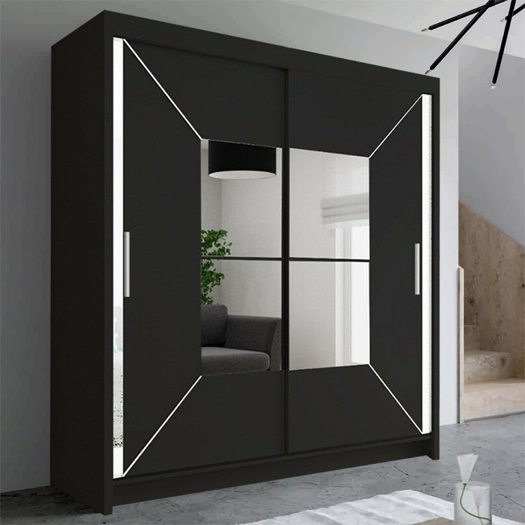 Black, 150cm Double Mirror Modern Sliding Wardrobe CHELSEA with Led Light 