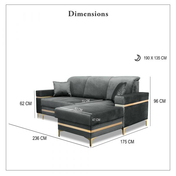 Florence Black Gold Corner Sofa Bed Dimensions