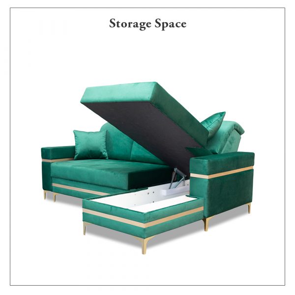 Florence Green Gold Corner Sofa Bed Storage space